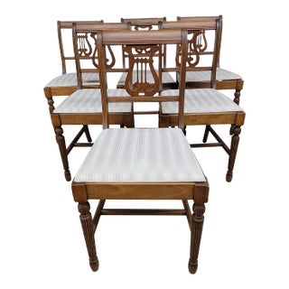 Set of Six 1930s Refinished Lyre-Back Mahogany and Upholstered Dining Chairs For Sale