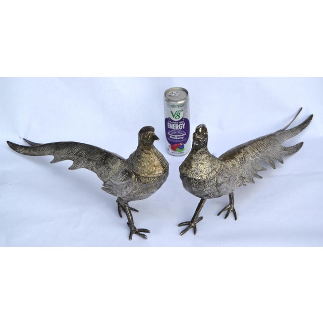 Bronze 20th Century Silvered Bronze Set 2 Pheasant Animal Sculptures Figurines Italy For Sale - Image 8 of 12