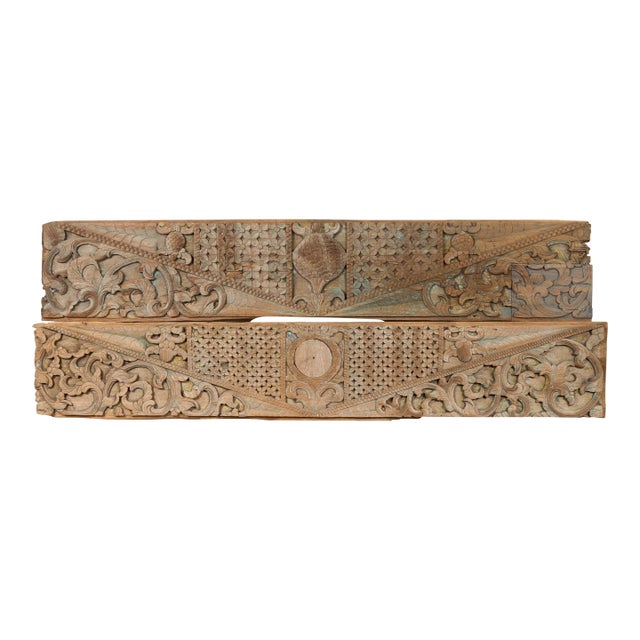 Mid 19th Century Indonesian Carved Wood with Traces of Blue Paint Overdoor Panels - A Pair For Sale