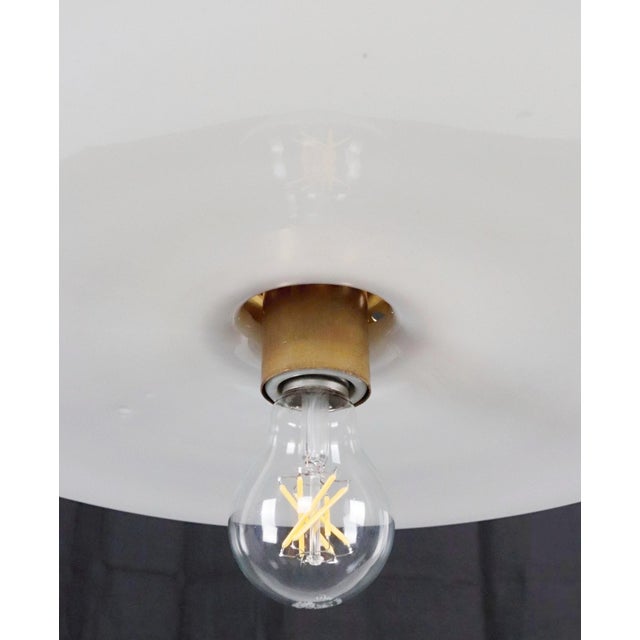 Metal Mid 20th Century Industrial Flat Disc Milk Glass Brass Pole Pendant Light For Sale - Image 7 of 14