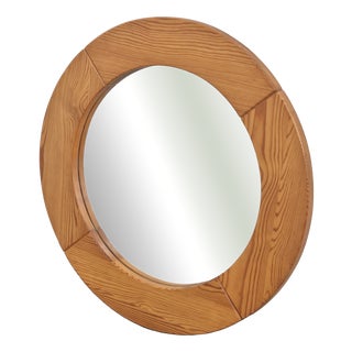 Vintage Scandinavian Round Pine Mirror, 1970s For Sale