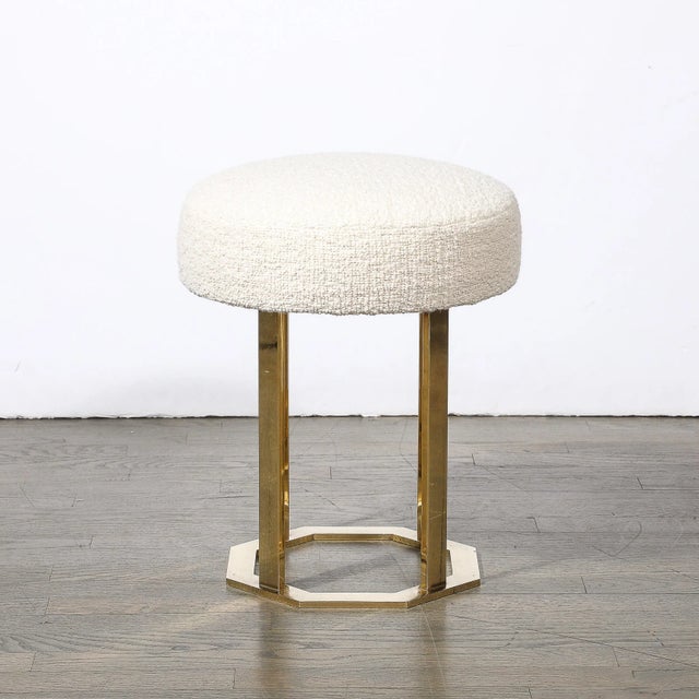 Mid-Century Modernist Octagonal Polished Brass Base Stool in Holly Hunt Boucle For Sale - Image 4 of 10