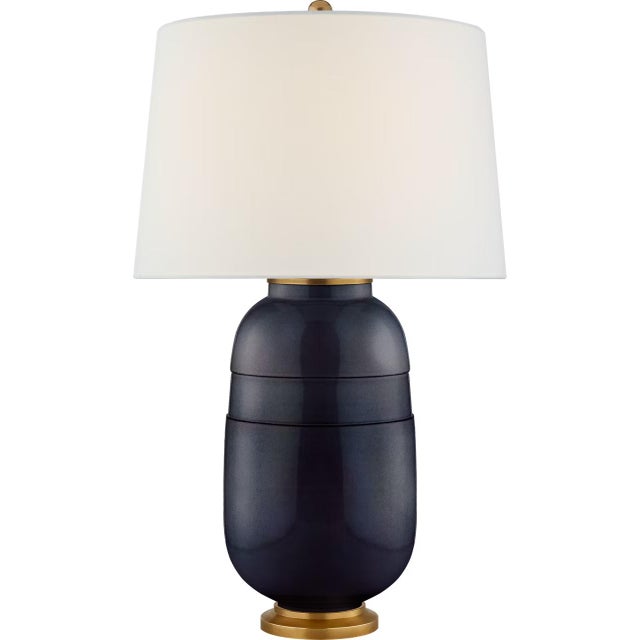 Modern Christopher Spitzmiller by Visual Comfort Signature Newcomb Medium Table Lamp in Mixed Blue Brown with Linen Shade For Sale - Image 3 of 3