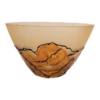 Italian Art Deco Style Frosted & Amber Satin Glass Bowl With Raised Enamel Accent For Sale