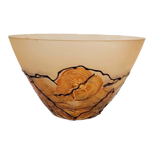 Italian Art Deco Style Frosted & Amber Satin Glass Bowl With Raised Enamel Accent For Sale