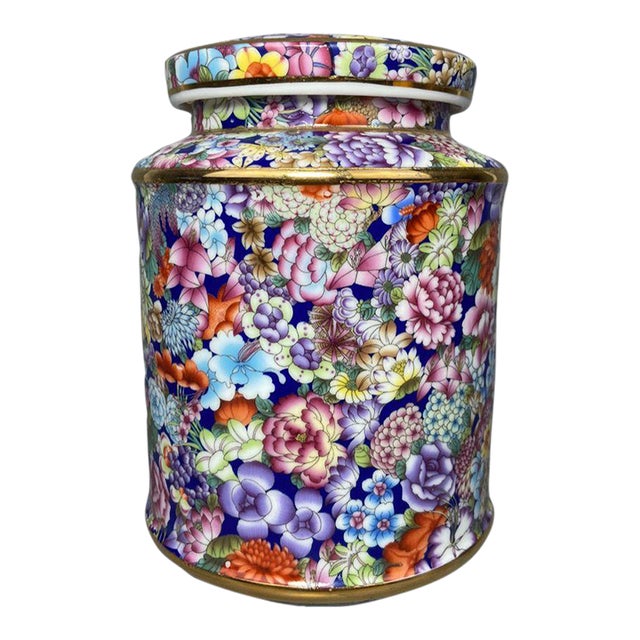 Vintage Chinese Famille Rose "Millefleurs" Porcelain Tea Caddy With Lid - 14cm For Sale