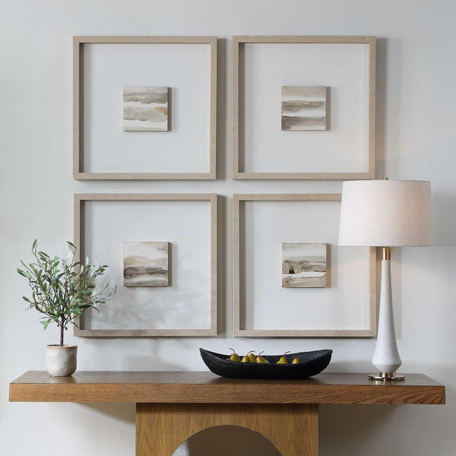 This Striking Set Of Four Features Abstract Landscapes In A Soothing Palette Of Earthy Beige, Gray, And Brown. Each Piece...