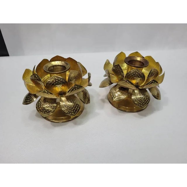 Mid Century Lotus Brass Candle Holders - a Pair For Sale - Image 6 of 11