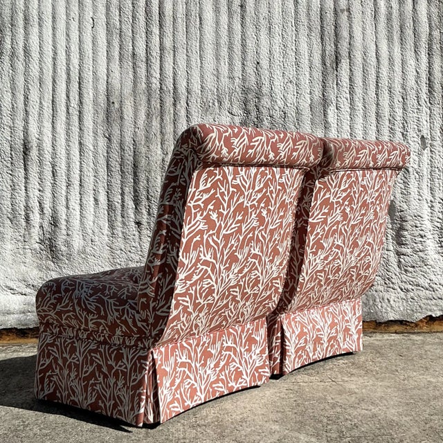 Vintage Coastal Tufted Coral Print Slipper Chairs - a Pair For Sale - Image 4 of 8
