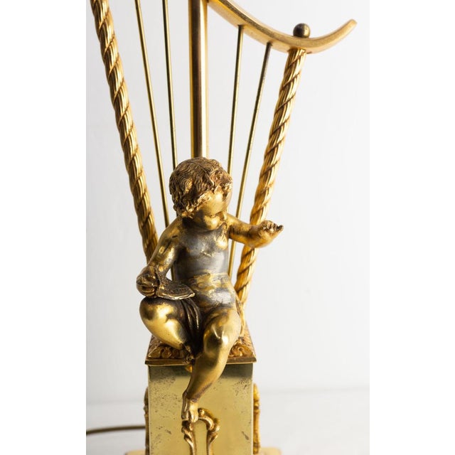 Mid-Century French Brass Table Lamp with Putti Reading in Front of a Harp, 1960s For Sale - Image 6 of 15