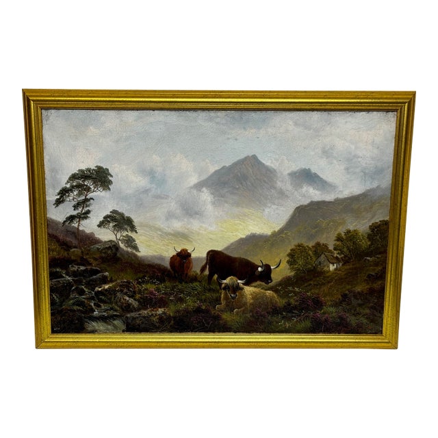 Victorian Oil Painting Morning Mist at Ben Lawers ⛰️ Highland Cattle Beside Loch Tay C1880 Framed For Sale