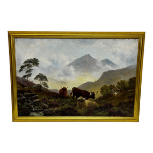Victorian Oil Painting Morning Mist at Ben Lawers ⛰️ Highland Cattle Beside Loch Tay C1880 Framed