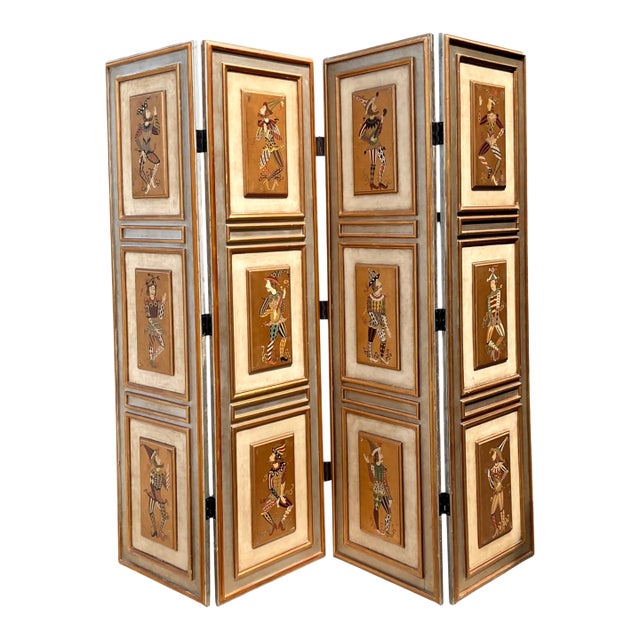 Vintage Painted Harlequin Wood Folding Screen For Sale