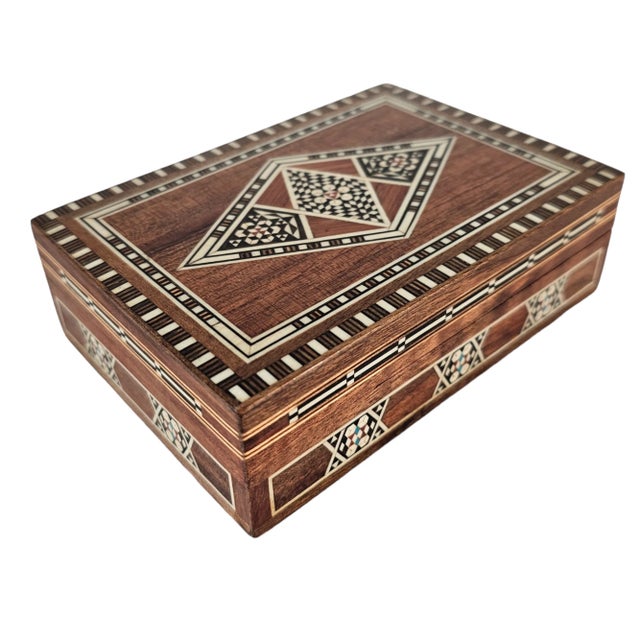 Brown Moroccan Inlaid Marquetry Hardwood Box Ornate Khatam Style For Sale - Image 8 of 9
