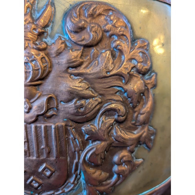 Metal Antique French Copper and Brass Jardiniere With Crest and Lion Head Handles For Sale - Image 7 of 12