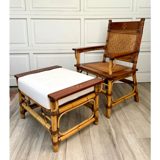 Vintage Bamboo, Rattan & Wood Lounge Chairs With Ottoman, Set of 3 For Sale - Image 16 of 18