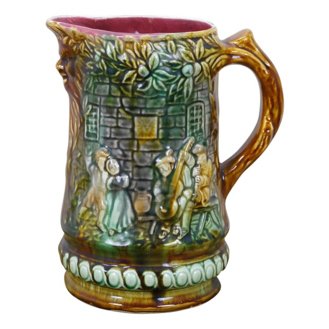 Antique Onnaing Majolica 714 Castle Courtyard Tavern Green Man Jug Pitcher 9" For Sale