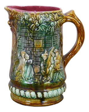 Antique Onnaing Majolica 714 Castle Courtyard Tavern Green Man Jug Pitcher 9"