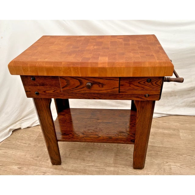 Gorgeous Vintage Butcher Block Carving Table Oak Base with Drawer Shelf End cut Maple top Rare hard to find rectangle...