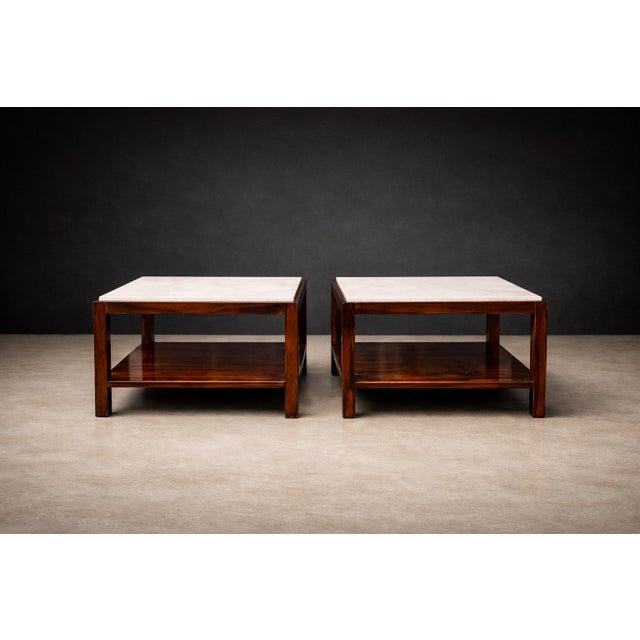 Mid-Century Modern Sergio Rodrigues Pair of Brazilian Rosewood and White Marble Side Tables, Brazil, 1960s- Lot 866 For Sale - Image 3 of 13