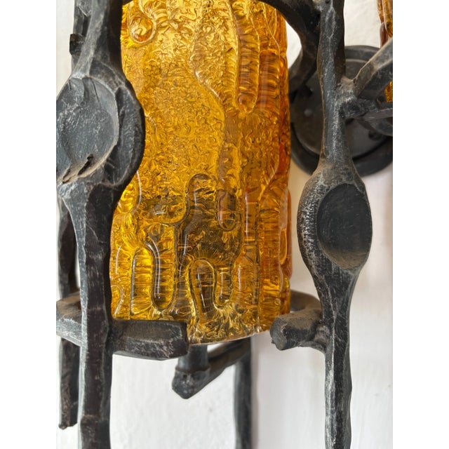 Tom Ahlström & Hans Ehrlich Brutalist Torch Amber Murano Glass Sconces 1950 For Sale - Image 9 of 9