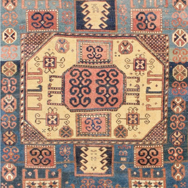 Antique Caucasian Karachopt Rug Large Rug in Blue, Salmon Teal and Soft Yellow 6'1 X 7'0 For Sale - Image 4 of 7