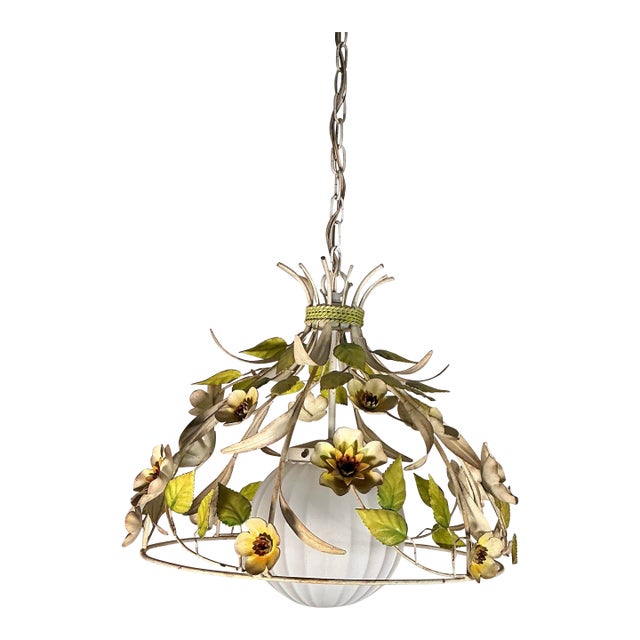 1960s Vintage Italian Tole Metal Floral Chandelier Made in Italy For Sale