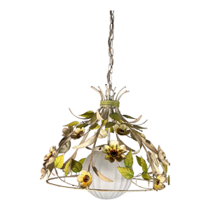 1960s Vintage Italian Tole Metal Floral Chandelier Made in Italy