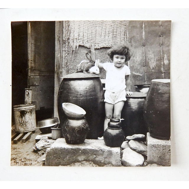 Small 1965 snapshot photograph of asian child with bunny rabbits and pottery. Unframed.