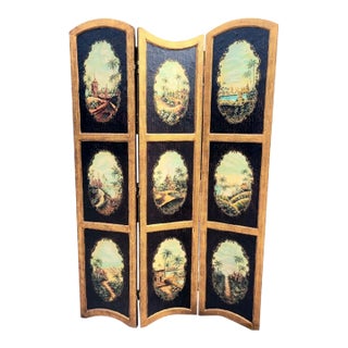 Vintage Chinoiserie Black and Gold Pagoda Fornasetti Style Garden Scene Arched Top Folding Floor Screen Room Divider For Sale