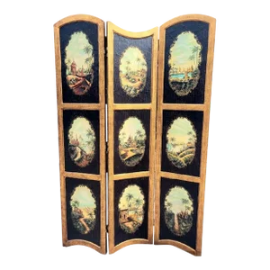 Vintage Chinoiserie Black and Gold Pagoda Fornasetti Style Garden Scene Arched Top Folding Floor Screen Room Divider