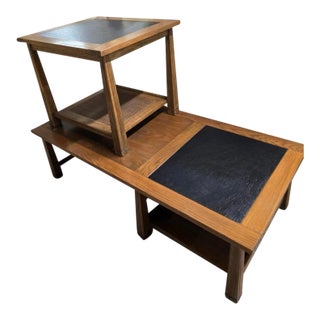 1960s Mid Century Modern Solid Oak and Black Slate Coffee & End Table Set of 2 For Sale
