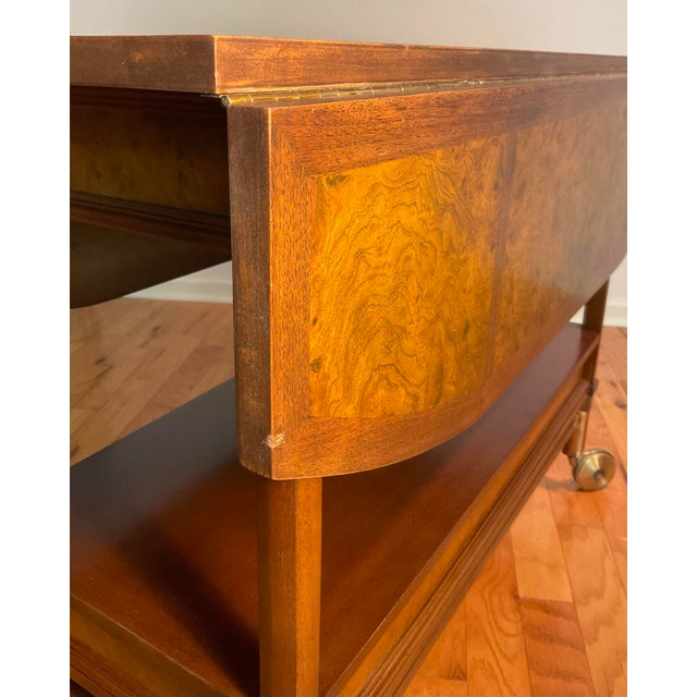Mid-Century Modern Tomlinson Walnut Burl Maple Drop Leaf Rolling Serving Buffet Cart Server For Sale - Image 11 of 12