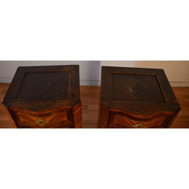 Wood 1900s Pair Antique French Louis XV Walnut & Satinwood Marble Top Lingerie Stands For Sale - Image 7 of 18