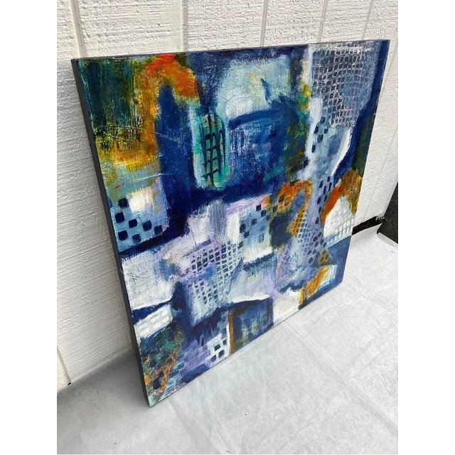 Large Blue Square Abstract Painting by Carol Bertrand For Sale - Image 4 of 12