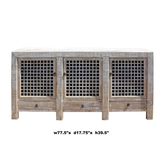 Distressed White Wash Wood Grain Finish Sideboard Credenza Cabinet