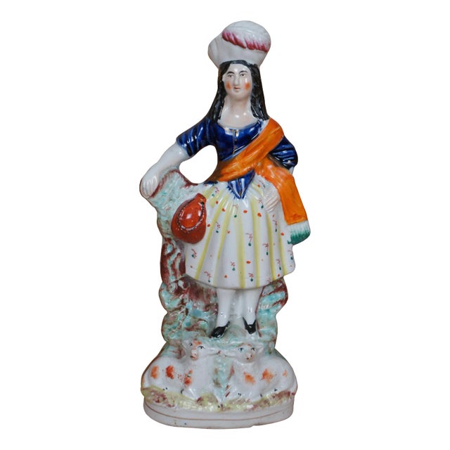 Antique Staffordshire Porcelain Highlander Shepherdess & Sheep Figurine For Sale