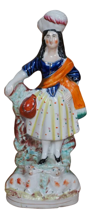 Antique Staffordshire Porcelain Highlander Shepherdess & Sheep Figurine