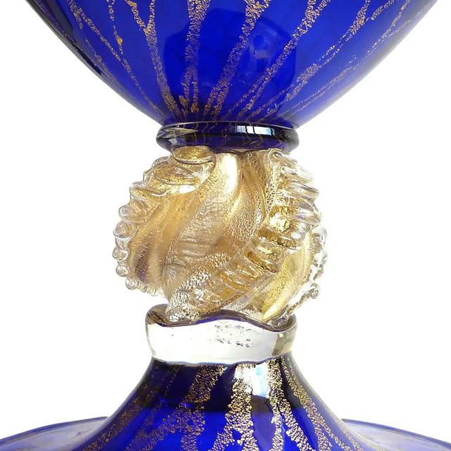 Hollywood Regency Vintage Murano Nason Signed Sapphire Blue Gold Flecks Diamond Design Italian Art Glass Flower Vase For Sale - Image 3 of 7