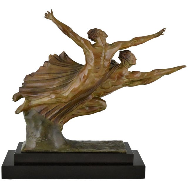 Robert Delandre, Art Deco Bronze Sculpture of 3 Athletes: Allegory of Speed, 1930, Bronze & Marble For Sale - Image 6 of 12