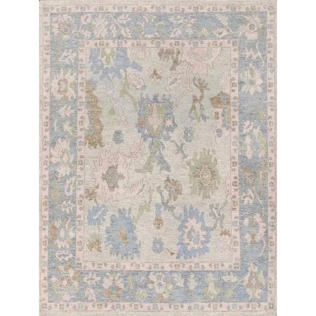 Gray Blue, Light Pink & Sage Green modern handknotted oushak rug As all of our rugs are made by hand, each may have slight...