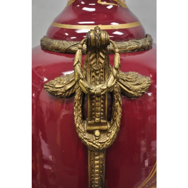 Vintage Palace Size French Sevres Style Red Porcelain Revolving Covered Urn Pair For Sale - Image 17 of 18