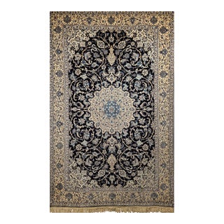 Vintage Persian Nain Habibian Rug, Handwoven Floral Pattern With Silk Highlights, Navy & Blue. 5’ X 8’ For Sale