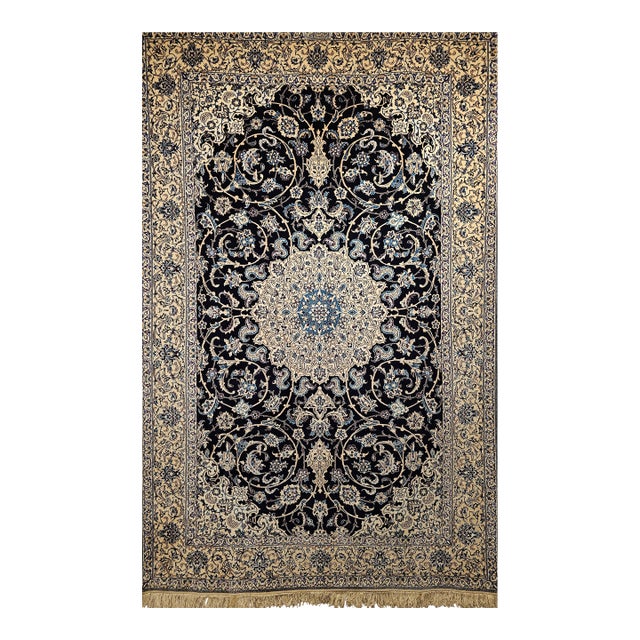Vintage Persian Nain Habibian Rug, Handwoven Floral Pattern With Silk Highlights, Navy & Blue. 5’ X 8’ For Sale