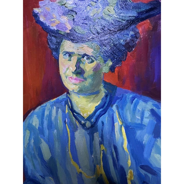 Paper Oil Painting Woman in Blue Victor Konotopsky For Sale - Image 7 of 9
