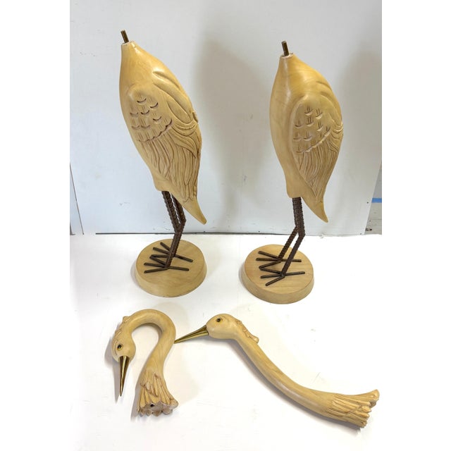 Pair Italian Hollywood Regency Carved Wood, Brass & Iron Heron Sculptures, C1980 For Sale - Image 11 of 11