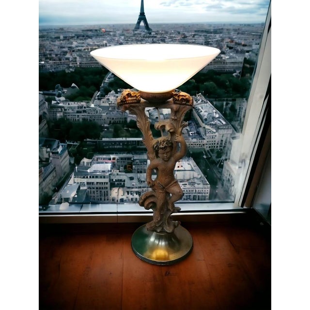 1920s Venetian Style Floor Lamp with Cherub in Wood and Opaline Glass, 1920s For Sale - Image 5 of 8