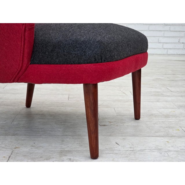 1960s, Danish designed armchair. Completely renovated-reupholstered in quality furniture wool in red and grey color....