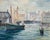 An original mid century oil on canvas board painting depicting a sailboat in a harbor. In its original gilt wood frame...
