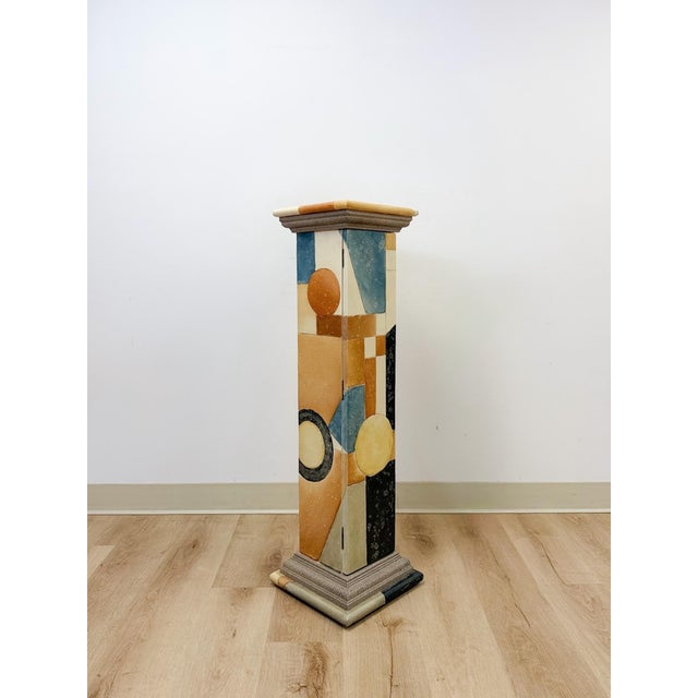 This vintage postmodern pedestal combines a classical architectural silhouette with a bold, hand-painted surface...